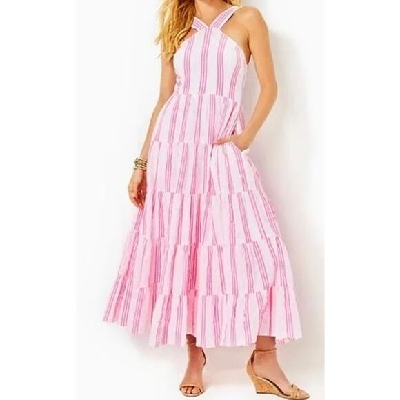 NWT Lilly Pulitzer Jenette Halter MaxiHavana Pink Sails & Stripes Seer Sz 6